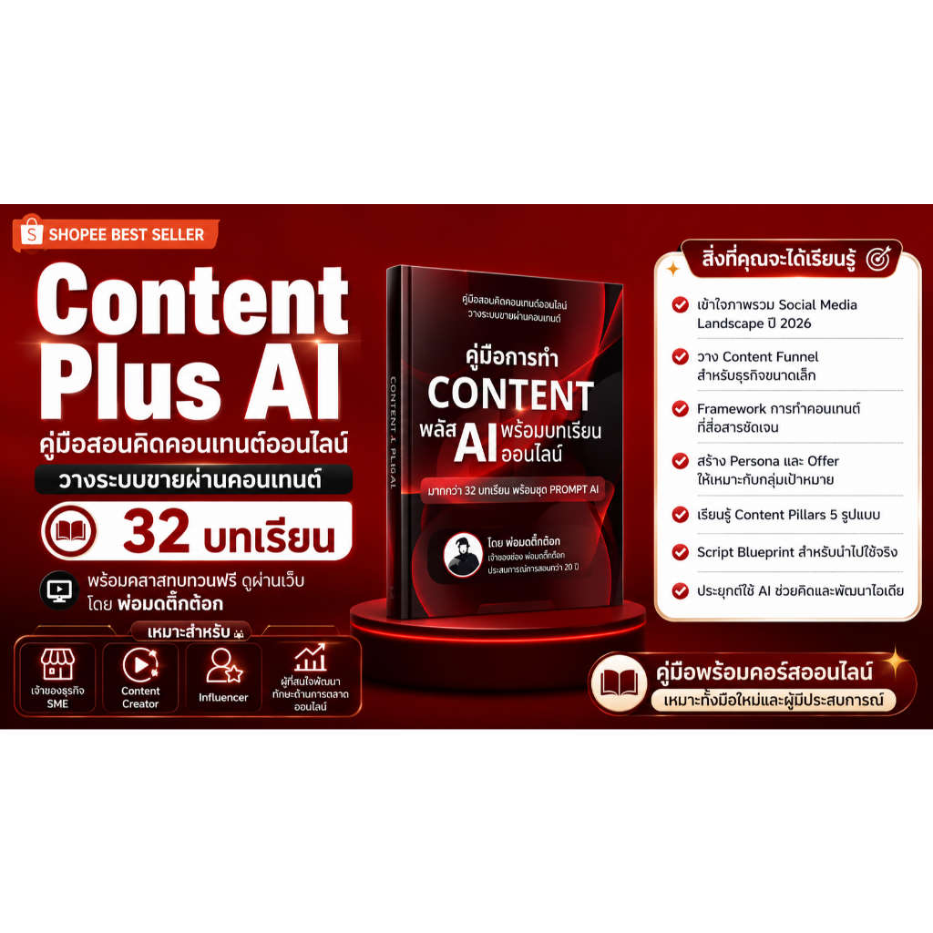 Content Plus AI | คู่มือทำคอนเทนต์ออนไลน์ วางระบบขายพร้อมคลาสทบทวนฟรี ดูผ่านเว็บ โดย พ่อมดติ๊กต๊อก