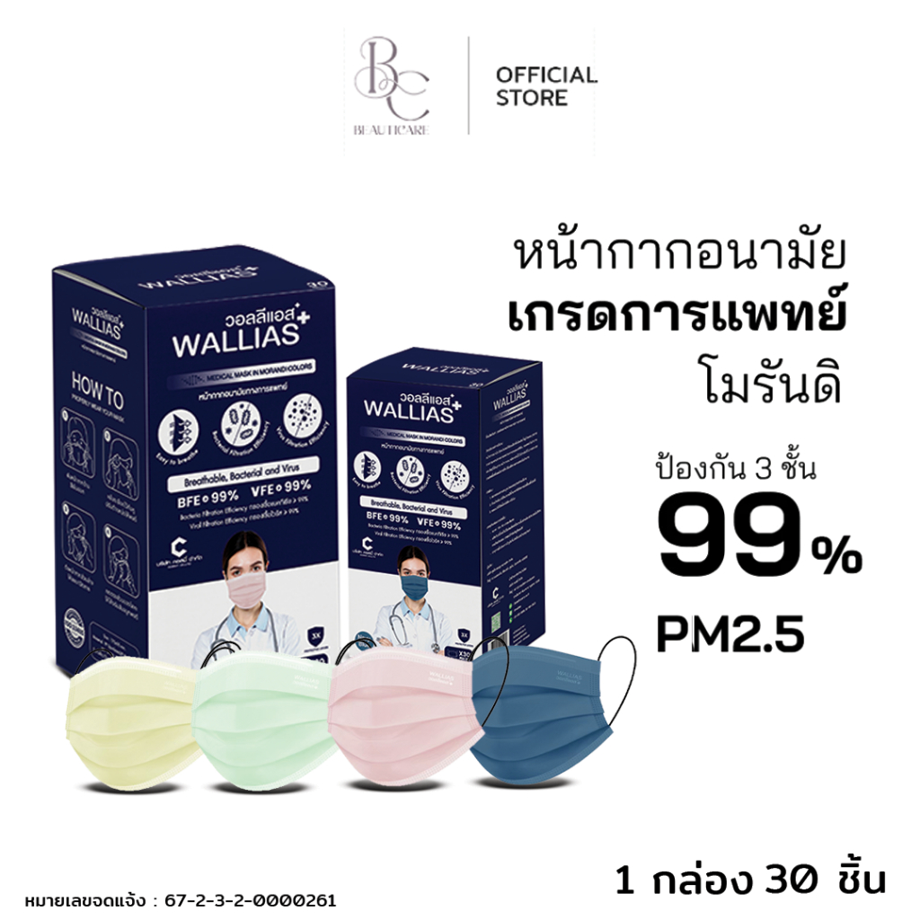 BEAUTICARE หน้ากากอนามัย ยี่ห้อ Wallias Medical Mask In Morandi Color หนา 3 ชั้น ป้องกันฝุ่น PM2.5