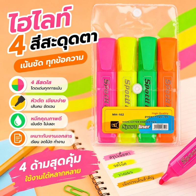 ปากกาไฮไลท์ 4สี สีสดใส หัวตัดเขียนง่าย หมึกแห้งเร็ว ไม่เลอะ ใช้งานได้หลากหลาย สำหรับเรียนและทำงาน
