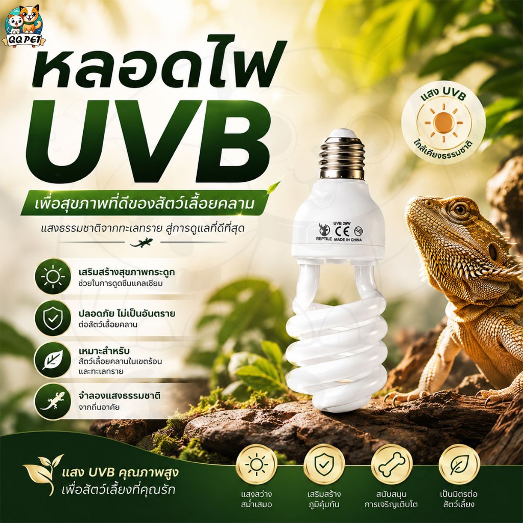 QQ หลอดไฟ UVB สัตว์เลื้อยคลาน UVB10.0/5.0 สำหรับเต่า กิ้งก่า เสริมแคลเซียม ขั้ว E27