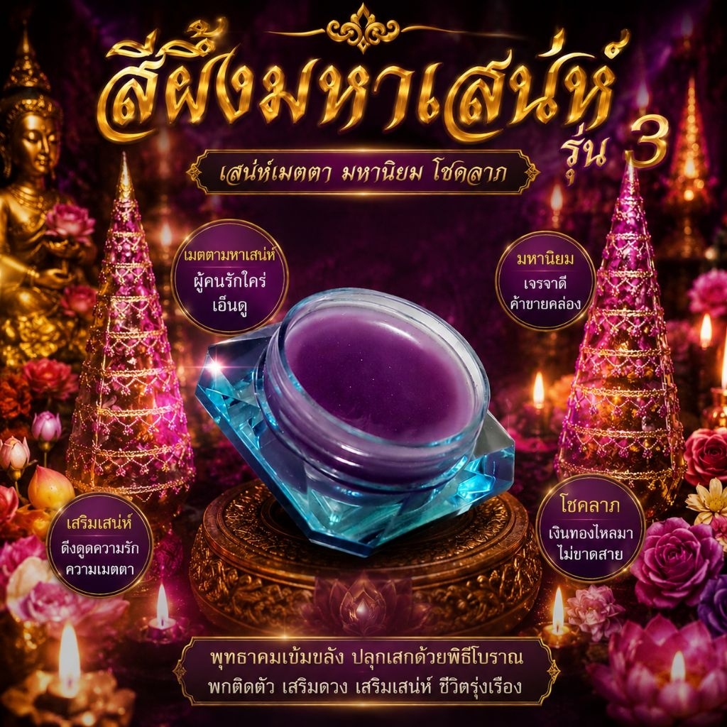 สีผึ้งมหาเสน่ห์ รุ่น 3 ของแรงสายเมตตา มหาเสน่ห์ มหานิยม