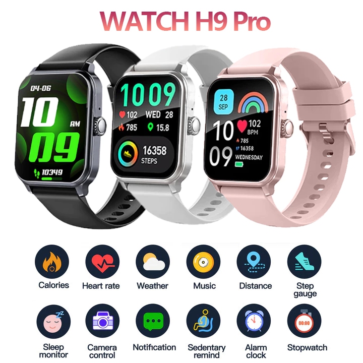 【สายนาฬิกาของขวัญ】H9 Pro 2.3นิ้ว HD AMOLED Display IP68 กันน้ำ สามารถเปลี่ยนวอลเปเปอร์ได้ เครื่องวัดอัตราการเต้นของหัวใจ