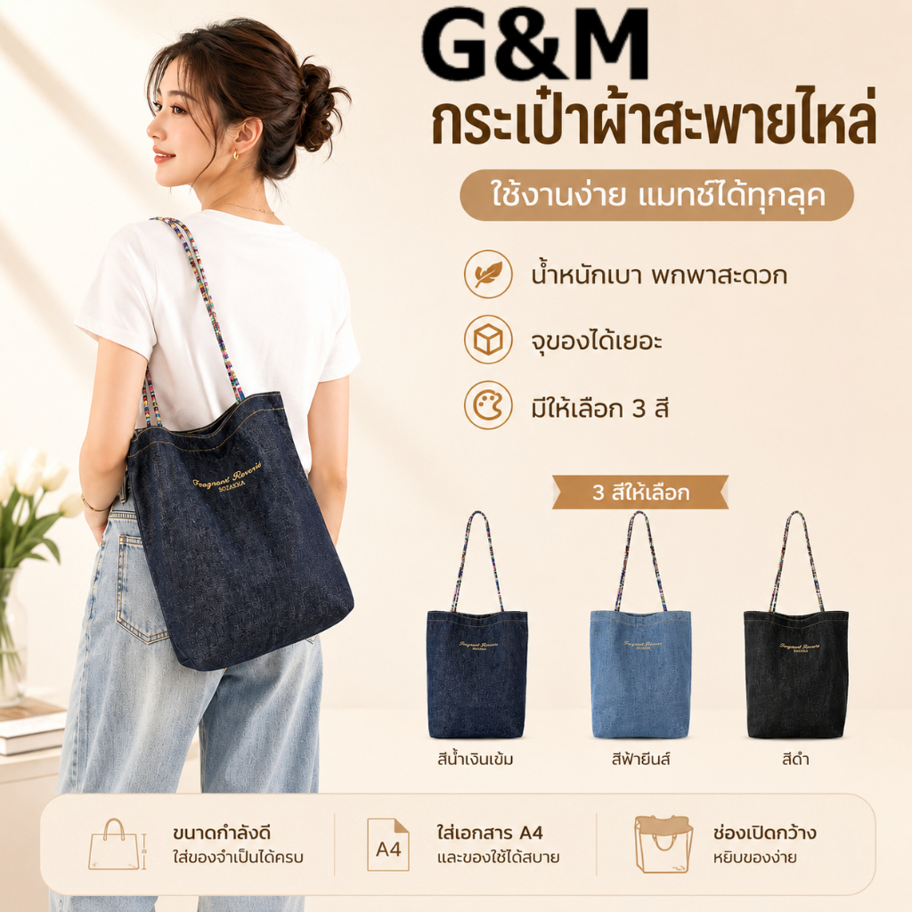 G&M กระเป๋าผ้ายีนส์ 2 ด้าน ใช้งานได้ทั้งสองสไตล์ จุของเยอะ แมทช์ง่ายทุกลุค