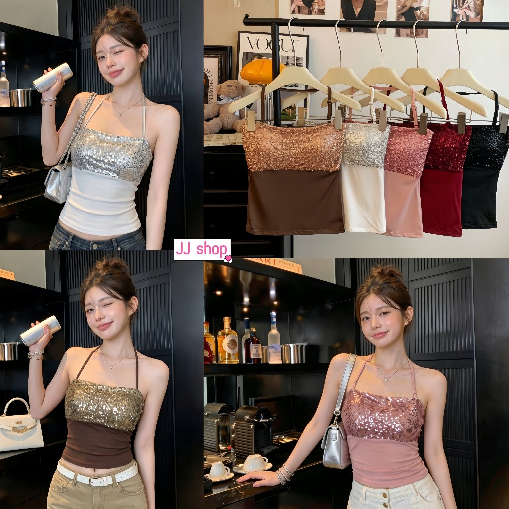 JJ shop เสื้อสายเดี่ยวคล้องคอผู้หญิง แขนกุดโชว์ไหล่ ประดับเลื่อมและเพชรวิบวับ เข้ารูปช่วยให้ดูผอม (FY33068)