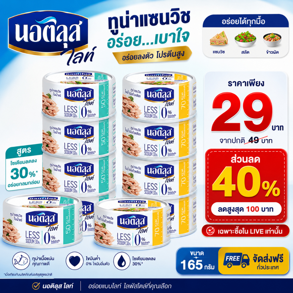 พร้อมส่ง🔴LIVE40%100🔴 นอติลุส ไลท์ แซนวิชทูน่ากระป๋อง ขนาด165กรัม