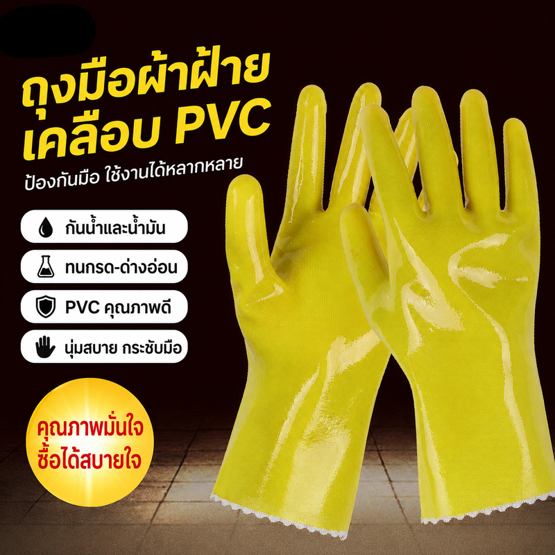 ถุงมือเคลือบ PVC สีเหลือง 1 คู่ กันน้ำ กันน้ำมัน ทนกรดด่างอ่อน จับถนัด ใช้งานช่าง เกษตร โรงงาน