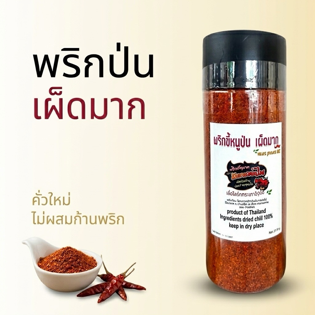 พริกป่นละเอียด พริกขี้หนูคั่วเตาฟืน เผ็ดมาก สีสวย หอมใหม่ 200 กรัม(กลมแดง)