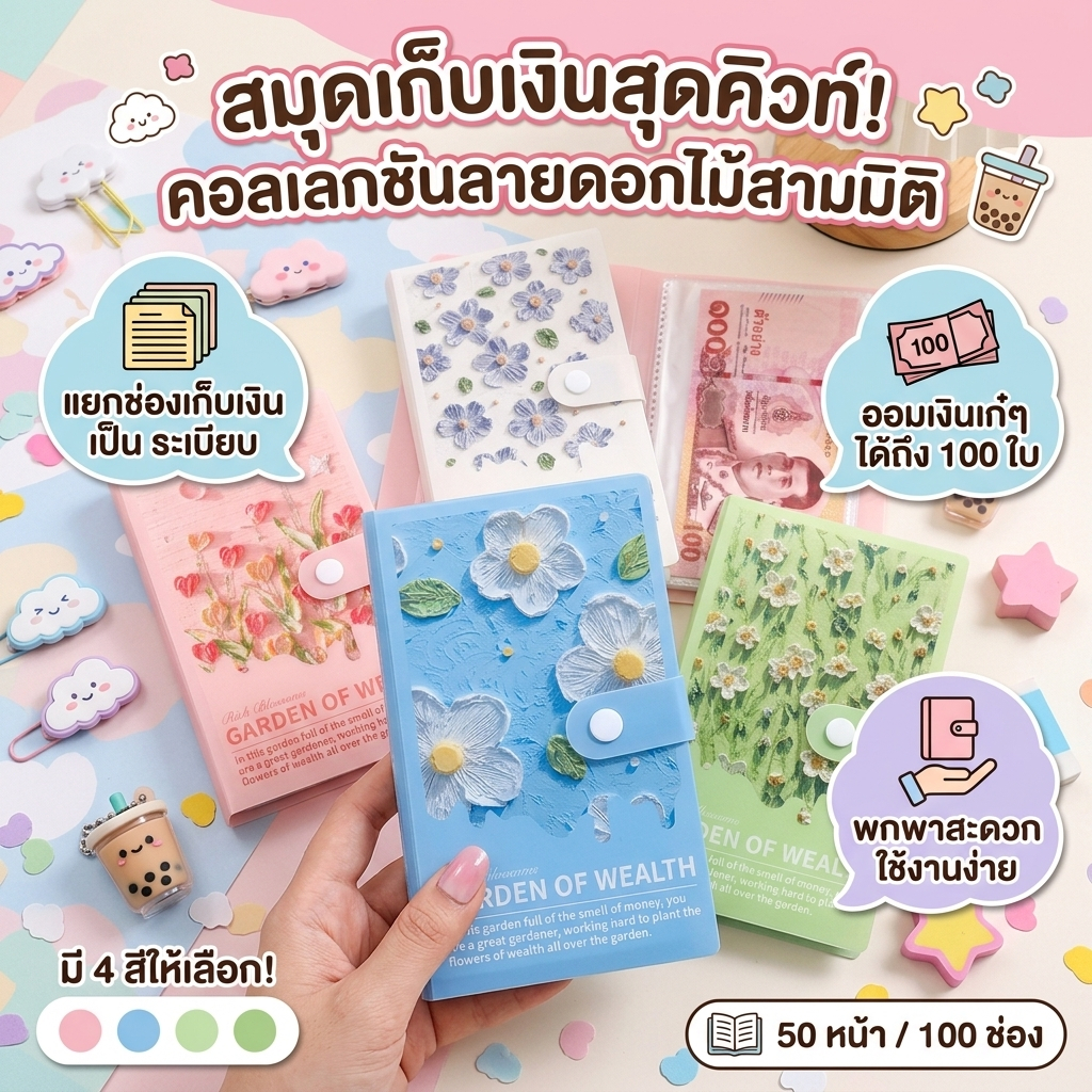 สมุดออมเงิน 100 ซอง Challenge ออมเงิน Mini Binder แฟ้มเก็บเงินสด กันน้ำ พกพาได้ ลายดอกไม้