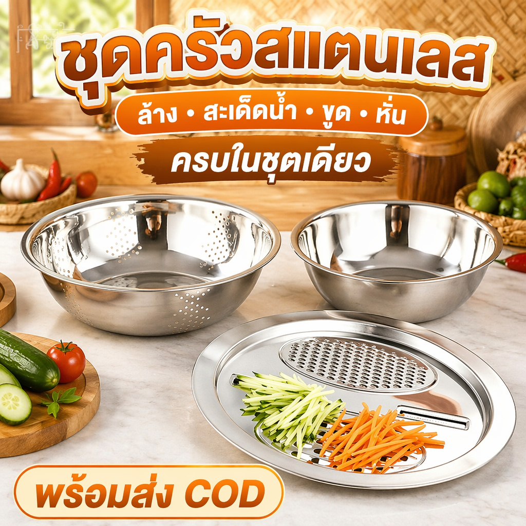 ขูดชามผัก, ขูดชามผักและผลไม้, ชุดสามชิ้น, เครื่องหั่นผัก, ชามขูดผัก, ชามสแตนเลส ขนาดต่าง ๆ ชุดจานขูด, มีดขูด, จานขูด