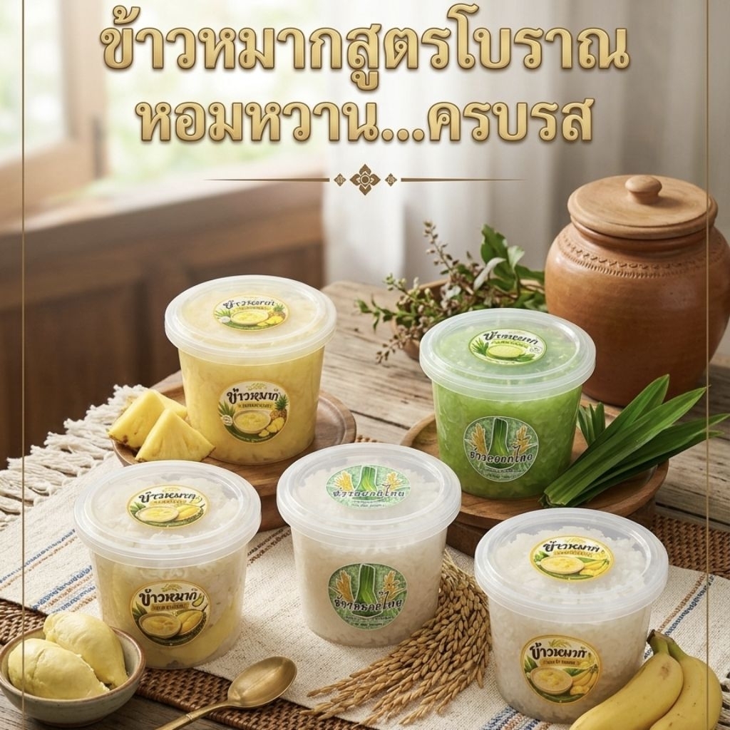 ข้าวหมากรสผลไม้ 5รสชาติ ข้าวหมากรสทุเรียน ข้าวหมากรสใบเตย ข้าวหมากรสกล้วย ข้าวหมากรสสับปะรด และ รสดั้งเดิม 5ถ้วยใหญ่