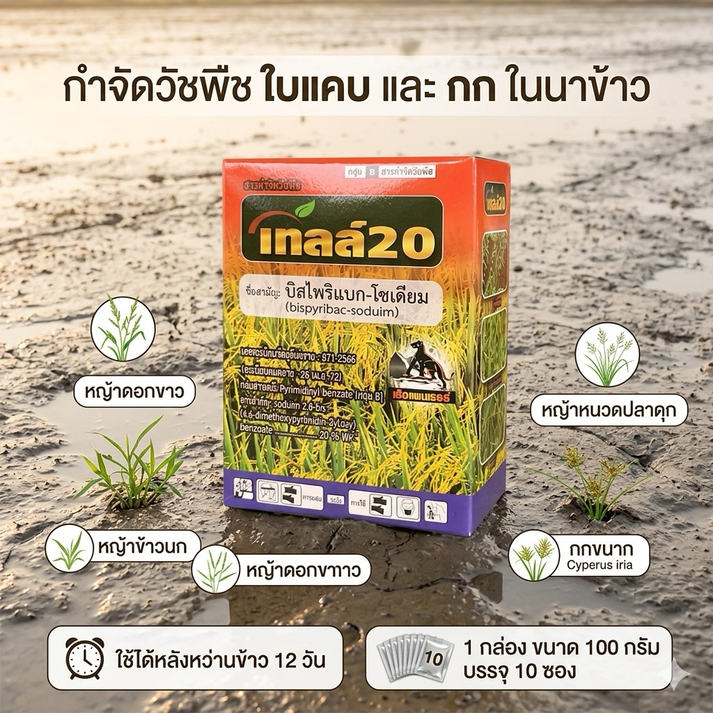 (ยกลัง50กล่อง)เทลล์20 บิสไพริแบค ขนาด 100กรัม *ข้าวไม่เหลืองกำจัดวัชพืชใบแคบ หนวดปลาดุกข้าวนกข้าวไม่แดงหนึ่งกล่อง 10 ซอง