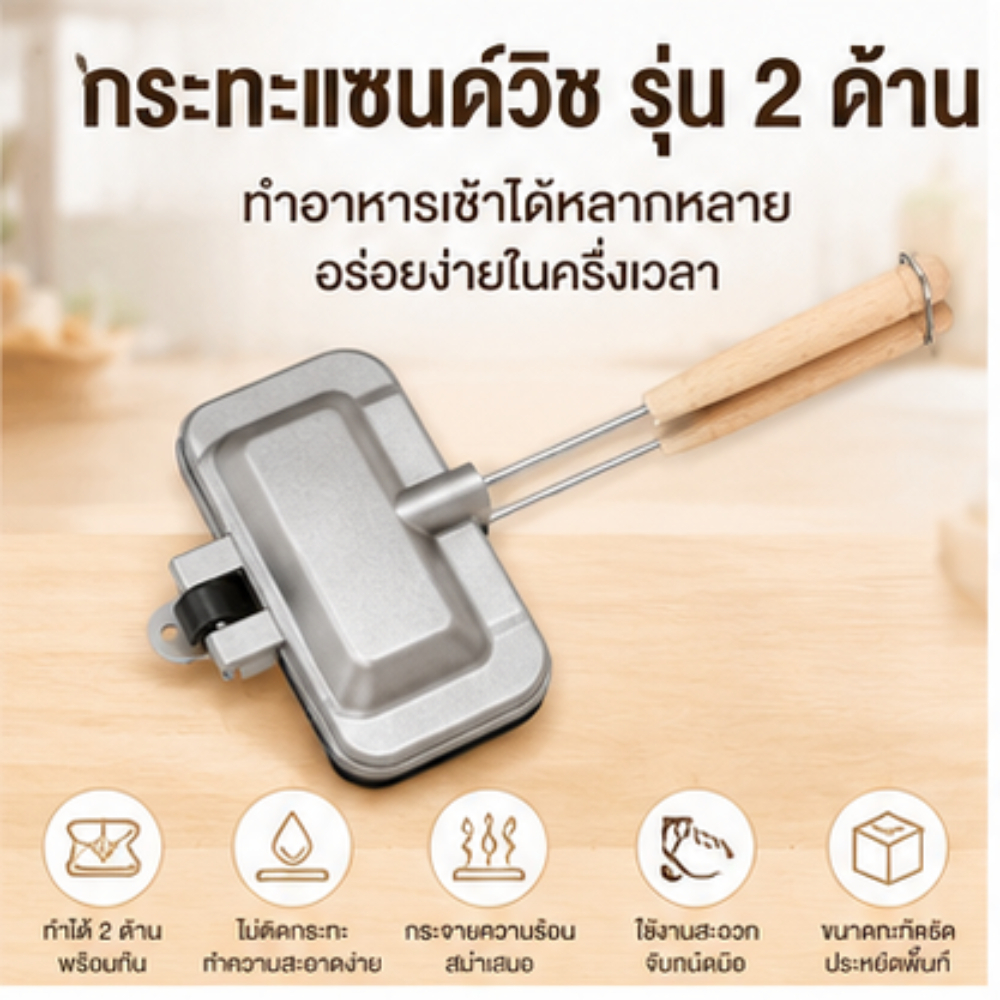 กระทะทำแซนวิช 2 หน้า อลูมิเนียมอัดขึ้นรูป ทนความร้อนสูง ใช้ได้กับเตาแก๊ส ทำความสะอาดง่าย