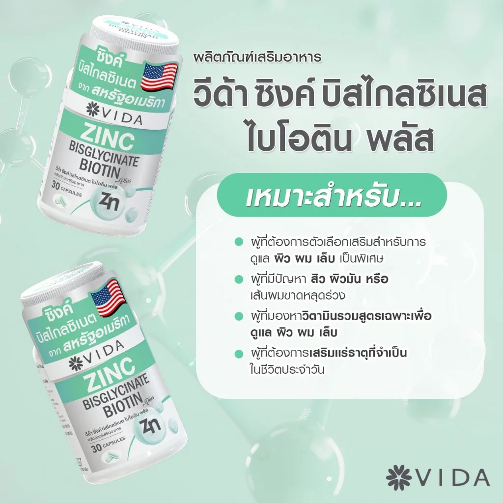 [1แถม1] วีด้า ซิงค์ บิสไกลซิเนต อเมริกา สิว ผิว ผม 30 แคปซูล Vida Zinc Bisglycinate 30 Capsules thumbnail 5