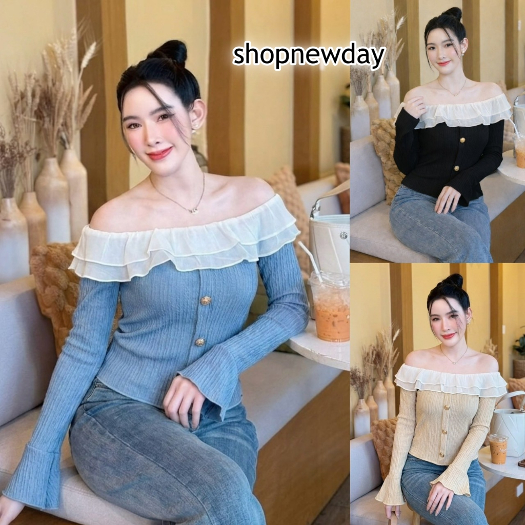 เสื้อแฟชั่น ผ้าเปลือกไม้ ผ้ายืดใส่สบาย แขนยาว ปาดไหล่แต่งระบายผ้าซีฟอง แต่งกระดุมหน้า LG168