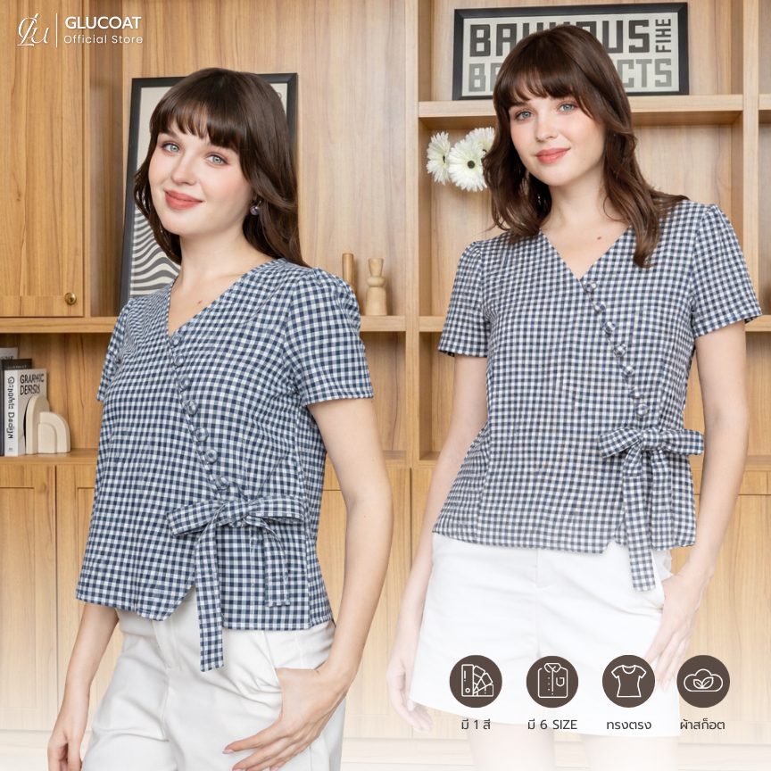 Glucoat | [A247] เสื้อสก็อตคอวีเเขนสั้น แต่งกระดุมเฉียง พร้อมเชือกผูกโบว์ มีซิปหลังยาว