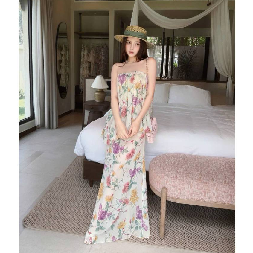 ChouChou Brand: เดรสเกาะอกสม็อค ผ้าชีฟองพิมพ์ลาย