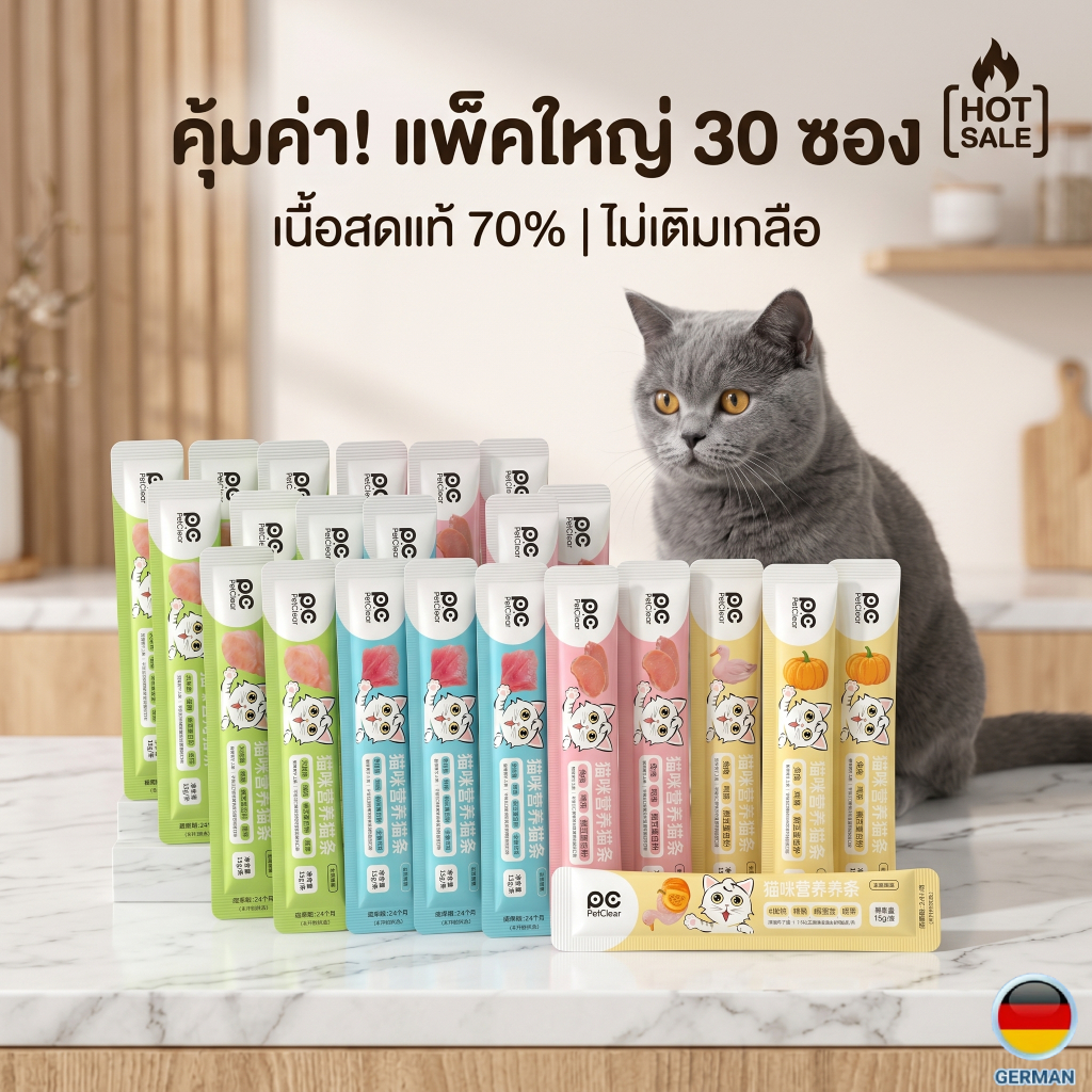 PetClear ขนมแมวเลีย เกรดพรีเมียม แพ็ค 30 ซอง คละรส (ไก่งวง/กระต่าย/ทูน่าไก่) เนื้อแท้ 70% ไม่เค็ม