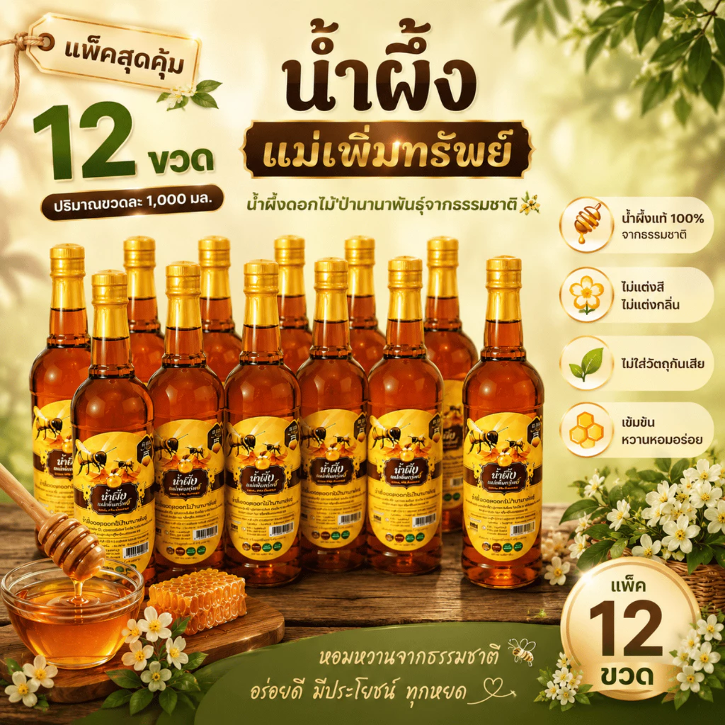ยกลัง (12ขวด) แม่เพิ่มทรัพย์ น้ำผึ้งแม่เพิ่มทรัพย์ น้ำผึ้งแท้ 100% หวาน เข้มข้น อร่อย ไม่ใส่วัตถุกันเสีย ไม่แต่งสีกลิ่น