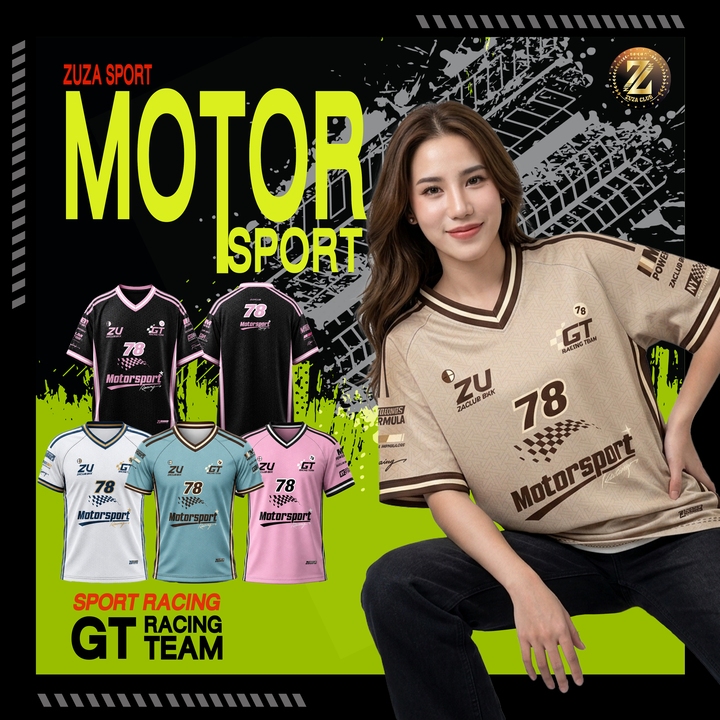 ZUZA - Motorsport เสื้อกีฬาคอวีพิมพ์ลาย สปอร์ตแฟชั่น รุ่นGT78  เนื้อผ้าไมโครฯพรีเมี่ยม นุ่มลื่นพิเศษ ระบายอากาศได้ดี