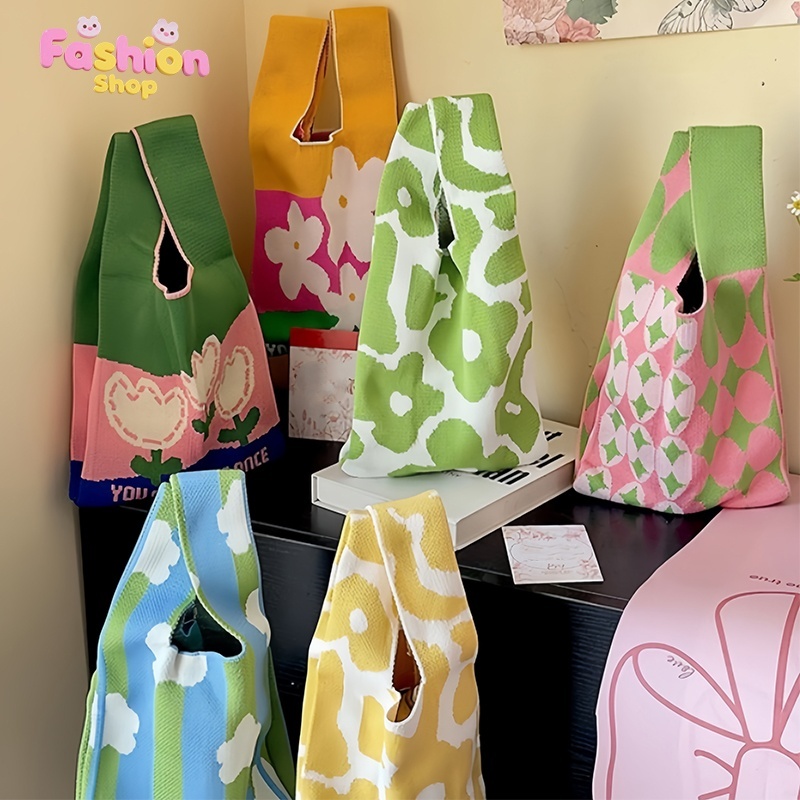 กระเป๋าผู้หญิง tote ผ้าถัก สไตล์เกาหลี ins ลายน่ารัก เนื้อผ้าหนาอย่างดี มีหลายสีให้เลือก COD