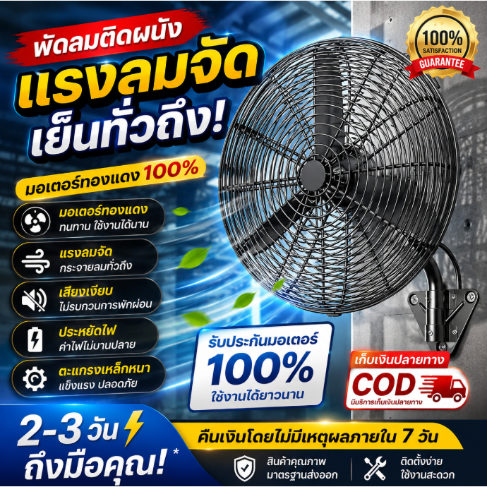 พัดลมติดผนังอุตสาหกรรม มอเตอร์กำลังสูง ลมแรงเสียงเงียบ ช่วยคลายร้อนและแห้งของได้เร็ว ติดตั้งง่าย ประหยัดพื้นที่