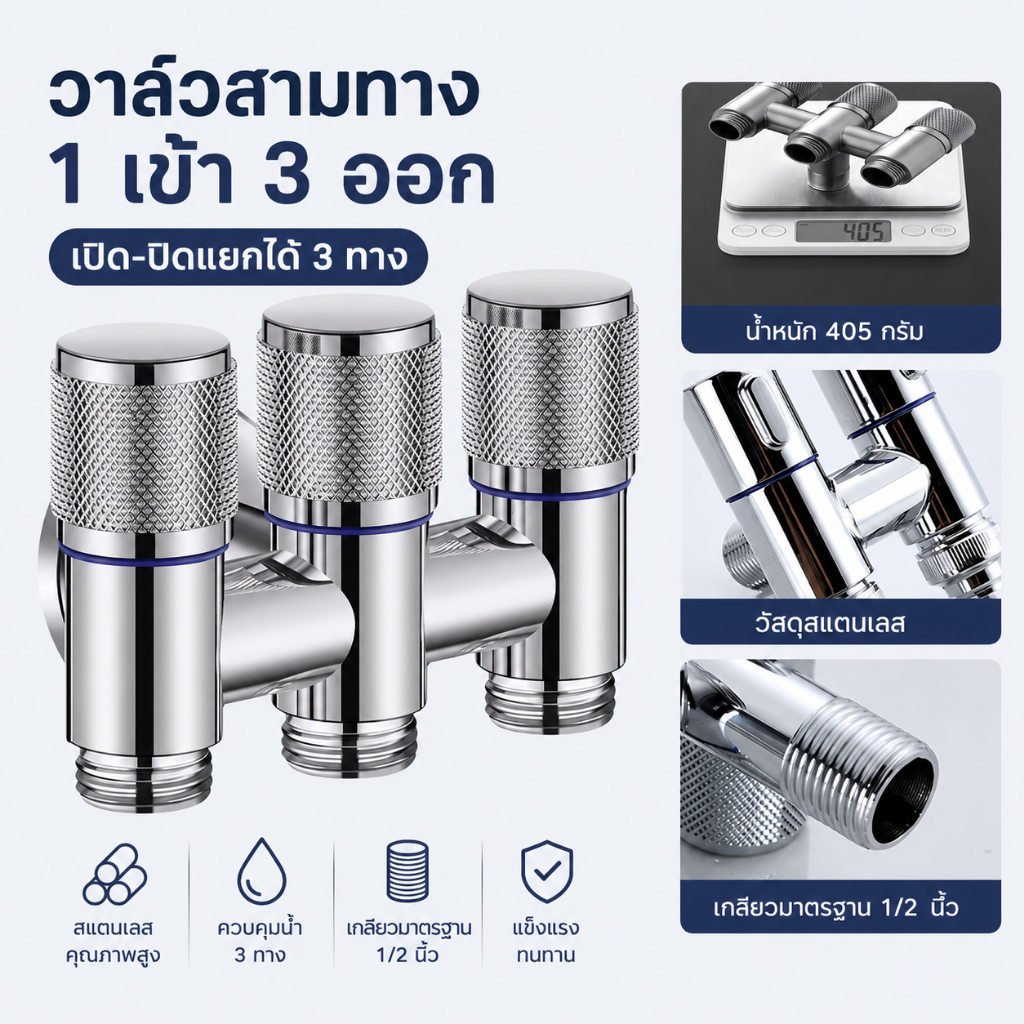 วาล์ว 3 ทาง สแตนเลส วาล์วแยกน้ำ วาล์วเปลี่ยนทางน้ำ สำหรับก๊อกน้ำ ฝักบัว ชักโครก ห้องน้ำ ติดตั้งง่าย