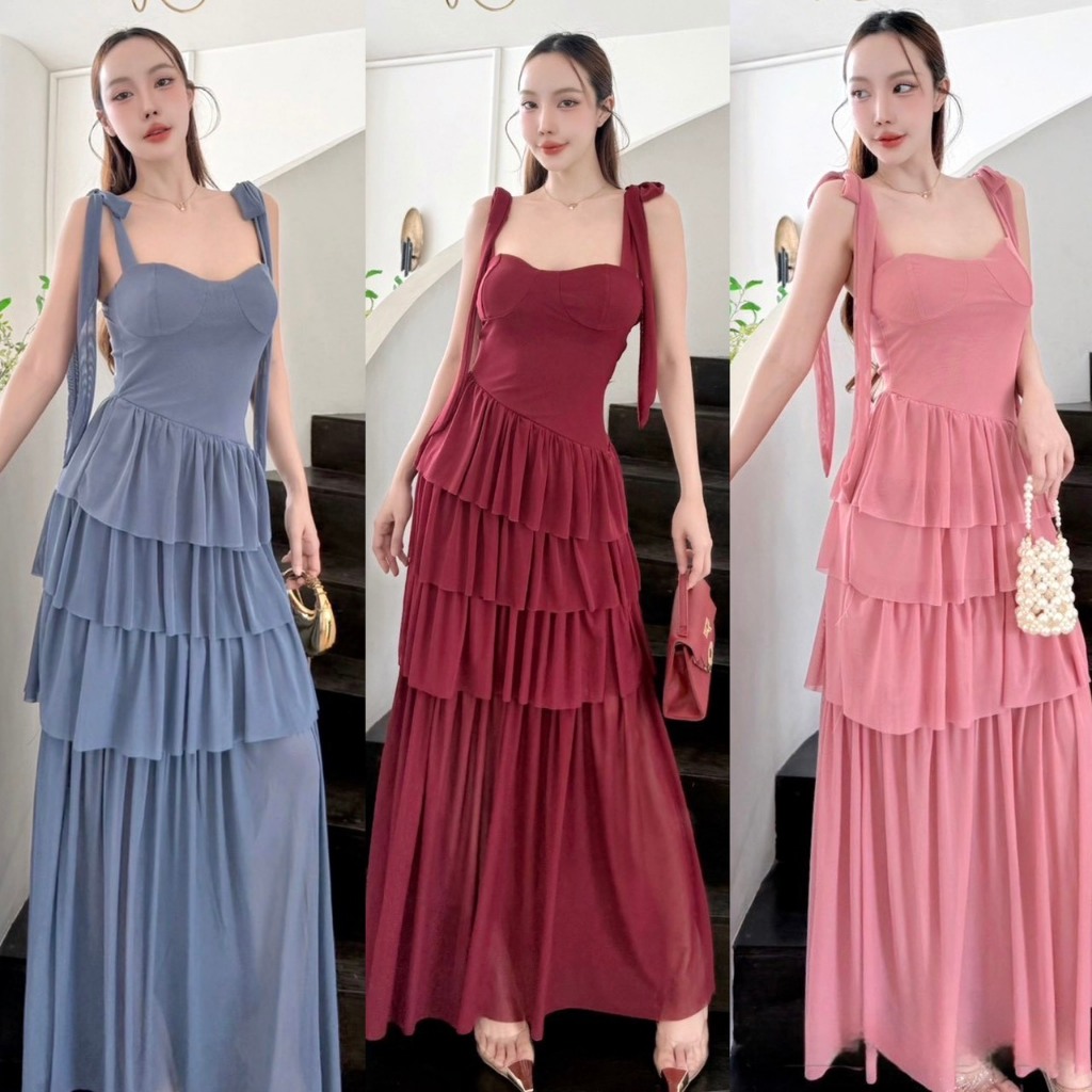 A1023 - ชุดออกงาน เดรสยาวระบายชั้น ชุดไปงานแต่ง ชุดเที่ยว