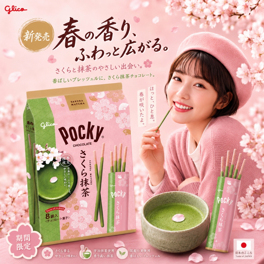 Glico Pocky Sakura Matcha グリコ ポッキー さくら 抹茶 ป๊อกกี้รสซากุระมัทฉะ133g