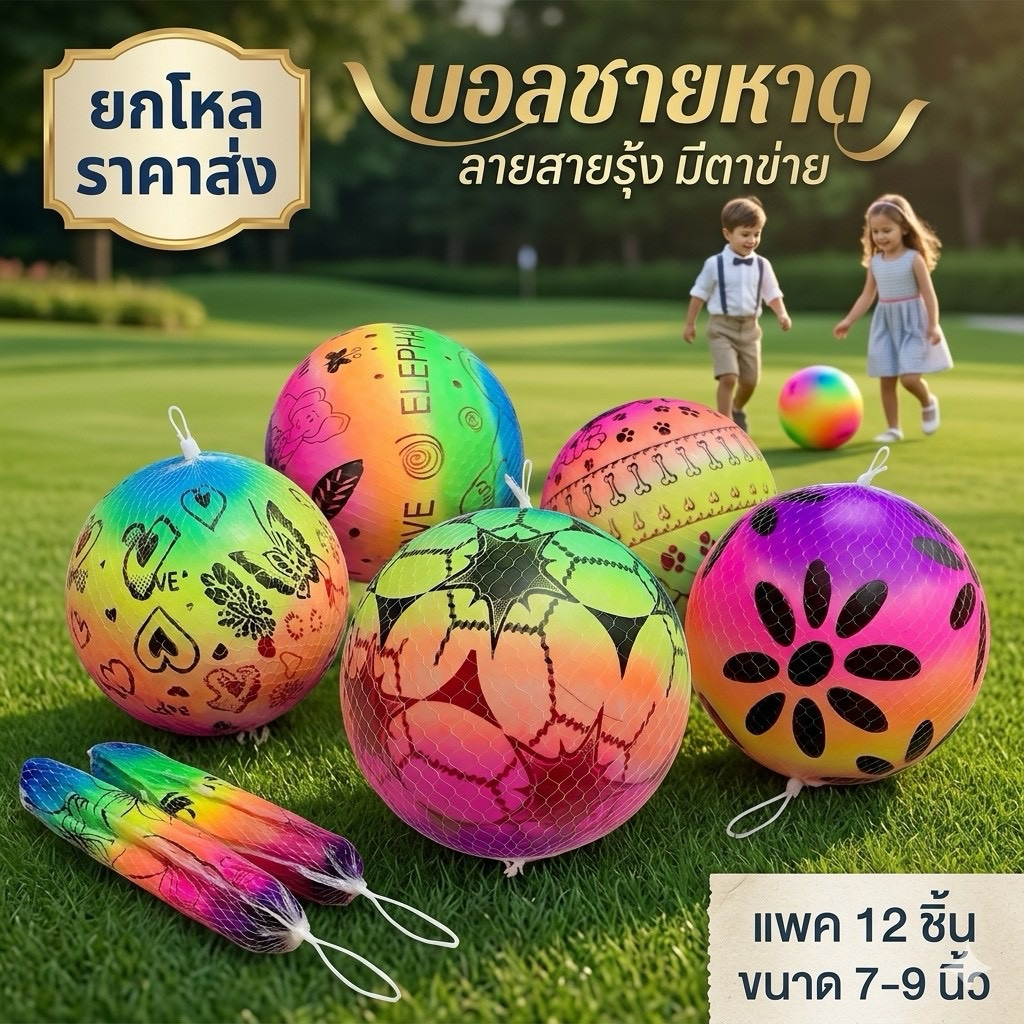 บอลชายหาดสีรุ้ง บอลเรืองแสง รุ่นหนา ขนาด 9  นิ้ว พร้อมตาข่ายทุกลูก มีราคาส่ง