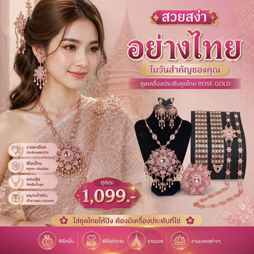 ชุดเซ็ทเครื่องประดับ สีโรสโกลด์ ใส่กับชุดไทย ทั้งเซตประกอบไปด้วยสร้อยคอพร้อมต่างหู เข็มขัดหัวเข็มขัดและ สังวาลย์