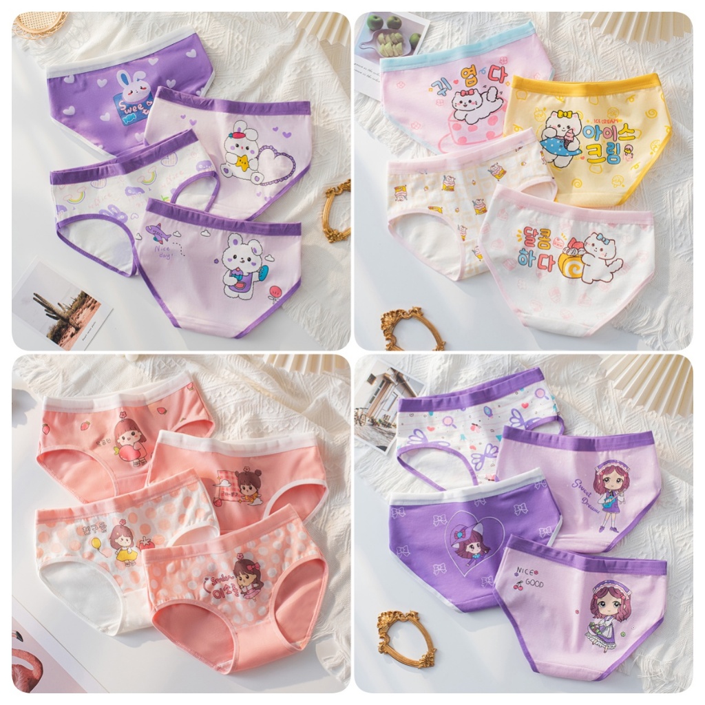 พร้อมส่งกางเกงในเด็กหญิง 1-2-4-7-14ขวบผ้าคอตตอนคลาส A 4แพ็คกางเกงในเด็กรูปแบบการ์ตู