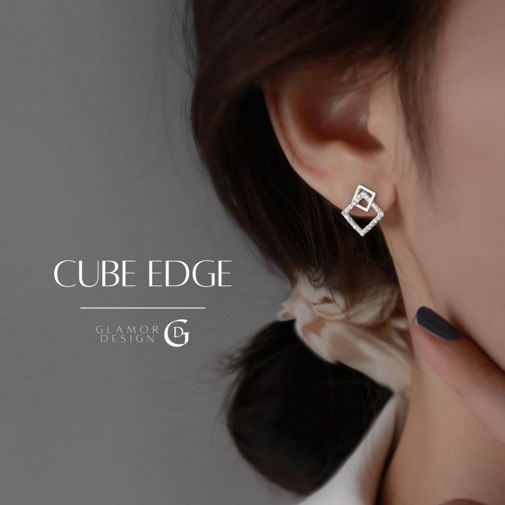 GLAMOR✨ต่างหูเงินแท้ Cube Edge ต่างหูทรงสี่เหลี่ยมเรขาคณิต เงินแท้925 ต่างหูผู้หญิง เรียบหรู