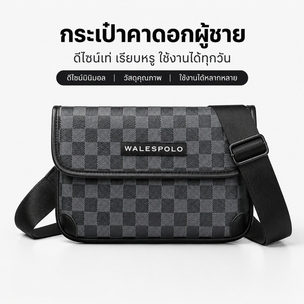 WalesPolo กระเป๋าสะพายข้างผู้ชาย ลายตาราง กันน้ำ ใส่ของได้เยอะ