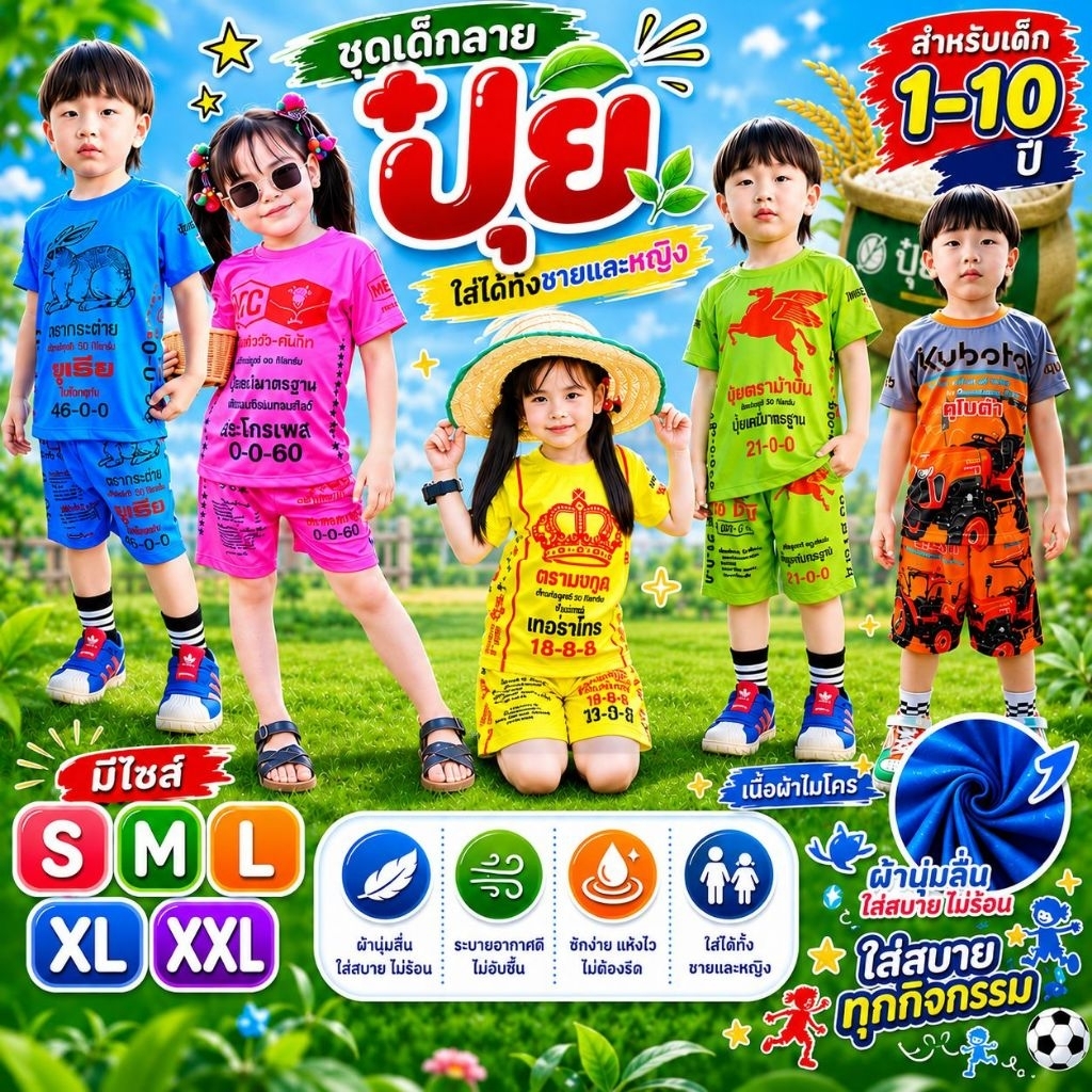ชุดเด็กชายถุงปุ๋ย เสื้อแขนสั้นกางเกงขาสั้น ผ้าไมโคร งานพิมพ์ลายทั้งชุด