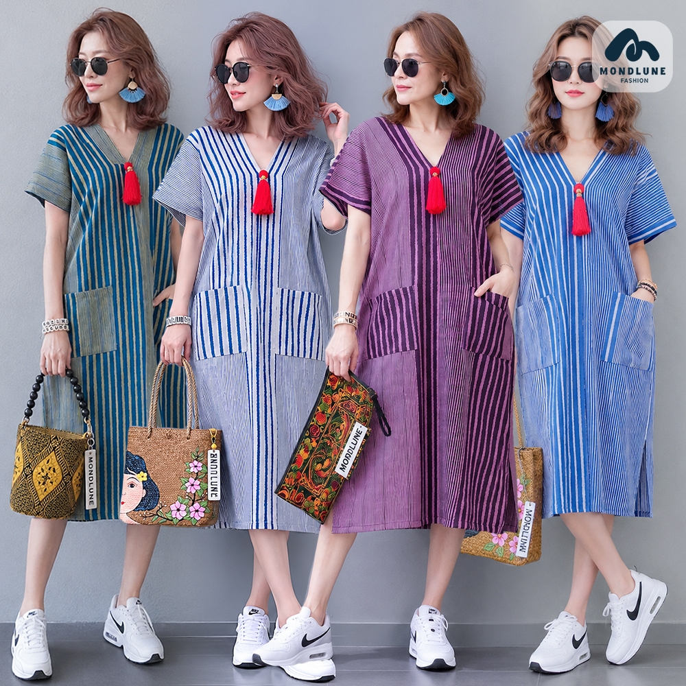 #1506 MondLune ชุดเดรสคอวีหน้า-หลัง แขนสั้นไหล่สโลป กระเป๋าหน้า แต่งพู่ ผ้าฝ้ายชินมัย ลายริ้ว