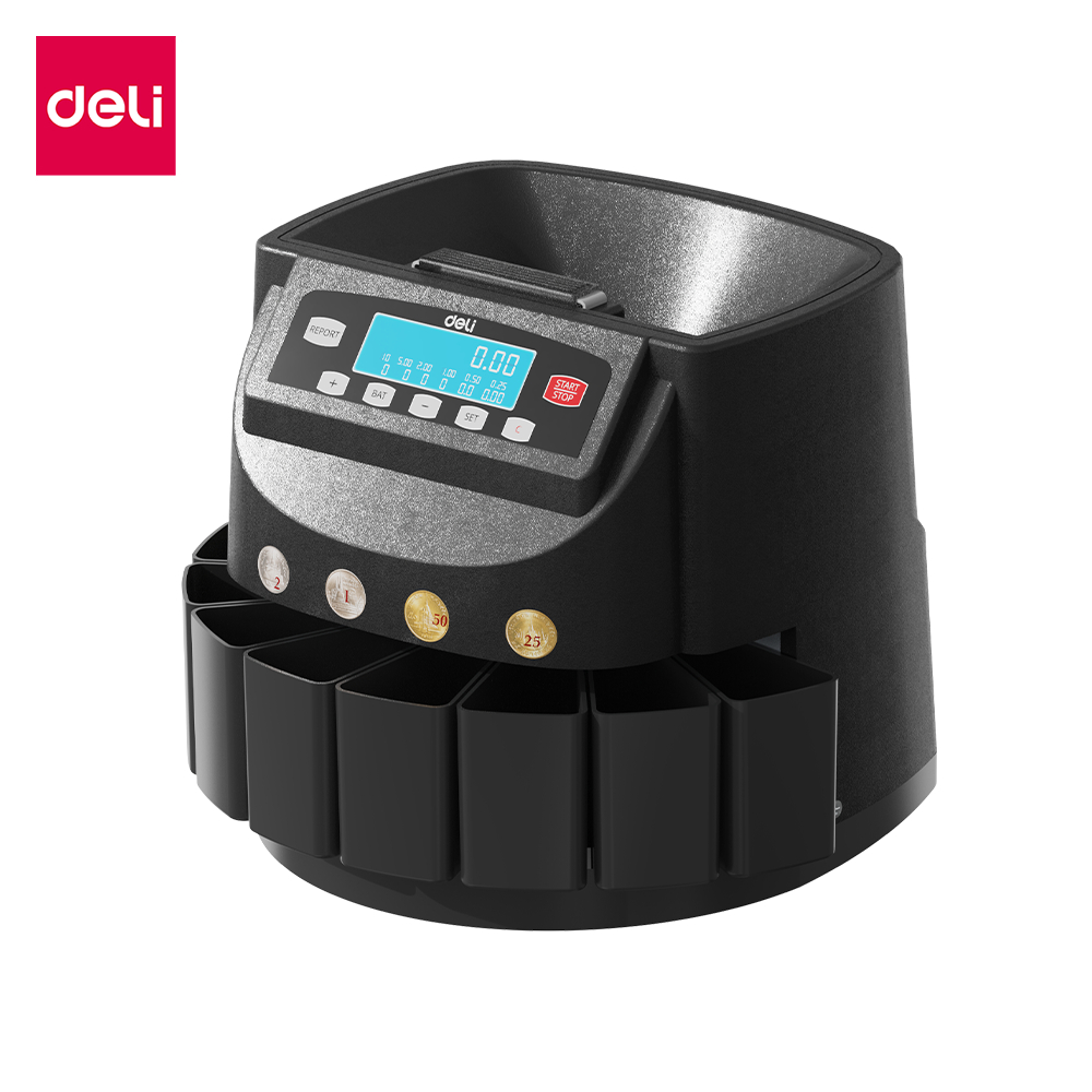 Deli เครื่องนับเหรียญอัตโนมัติ เครื่องคัดแยกเหรียญ จอLCD ช่องใส่ขนาดใหญ่ พกพาได้ Coin Counter