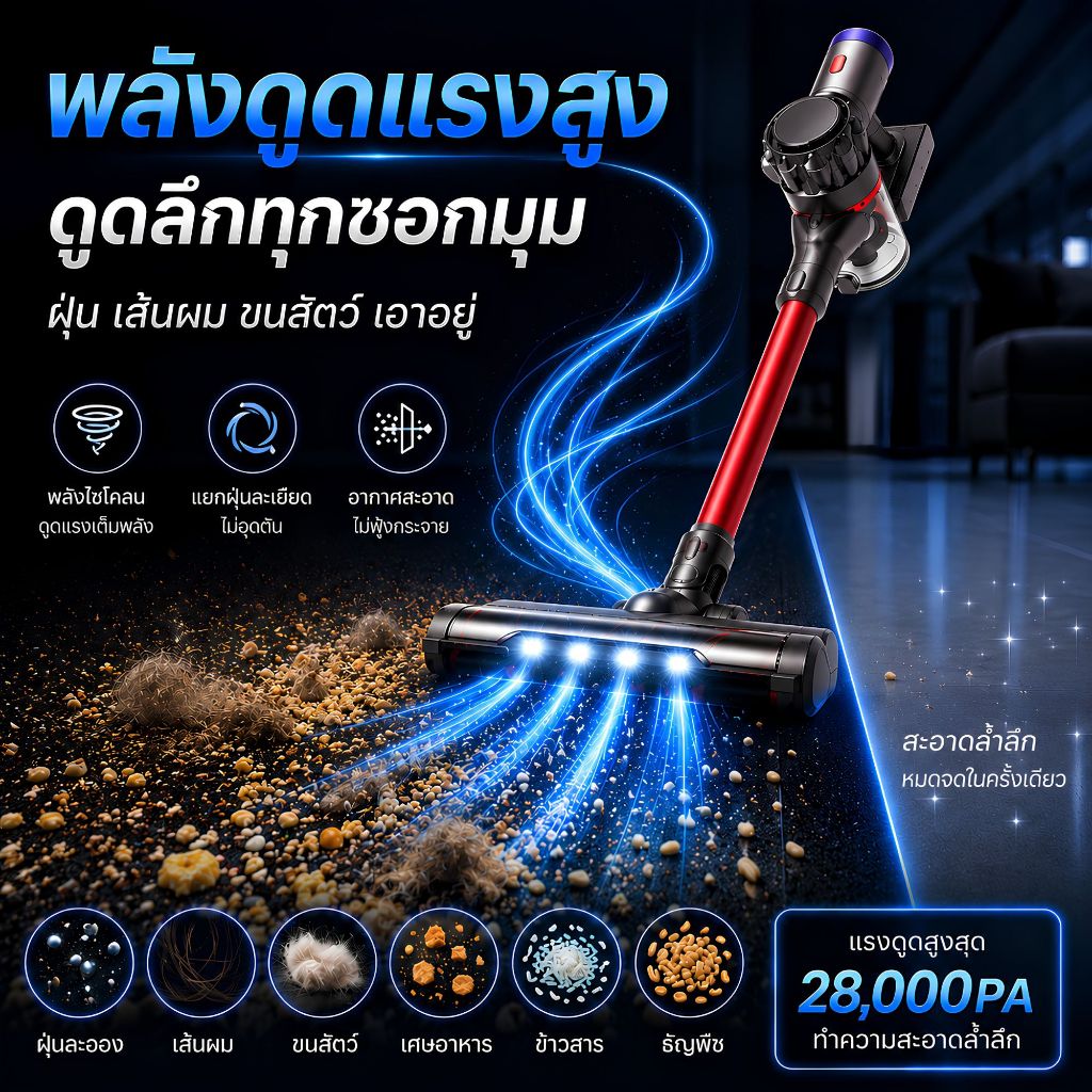 HYPER V50 เครื่องดูดฝุ่นไร้สายแบบด้ามจับ 28000PA พลังดูดแรง HEPA Filter แบตเตอรี่ใช้งานยาวนาน หัวดูดครบชุด