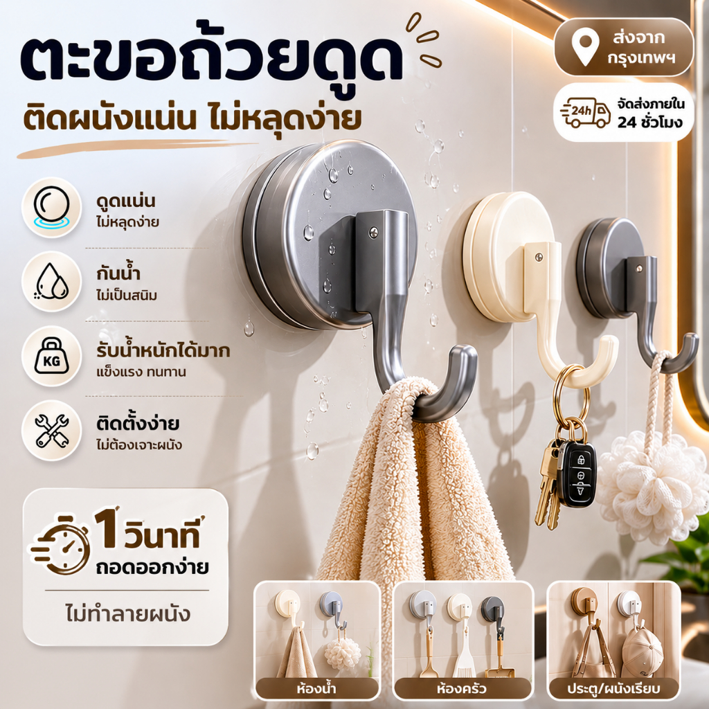 🔥พร้อมส่ง🔥ตะขอถ้วยดูดแขวนผนัง แข็งแรงทนทาน ติดตั้งง่าย ไม่ต้องเจาะ รับน้ำหนักดี เหมาะสำหรับห้องครัว ห้องน้ำ และห้องสุขา