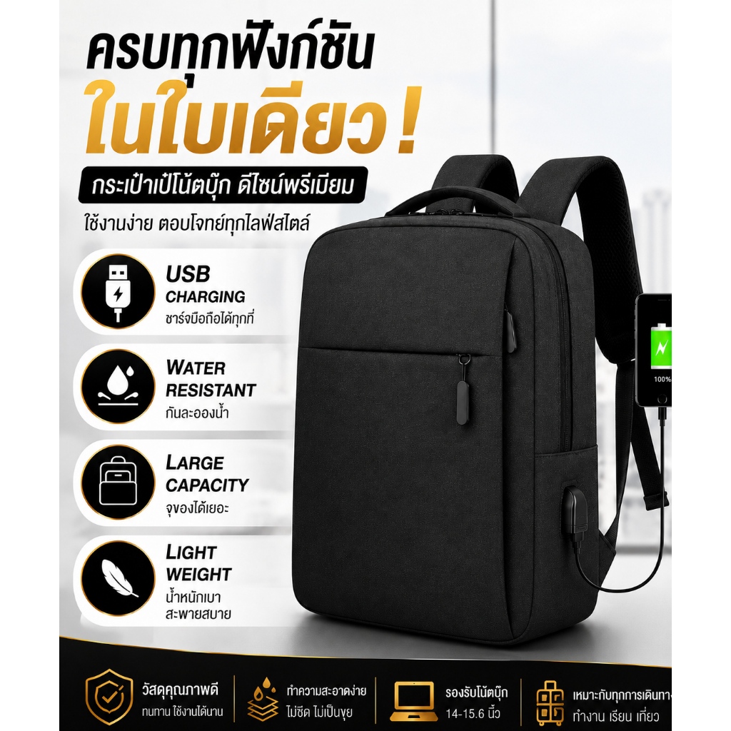 กระเป๋าเป้ USB กันน้ำ ใส่โน๊ตบุ๊คได้ 15.6 นิ้ว จุของเยอะ ดีไซน์มินิมอล สำหรับทำงาน เรียน เที่ยว