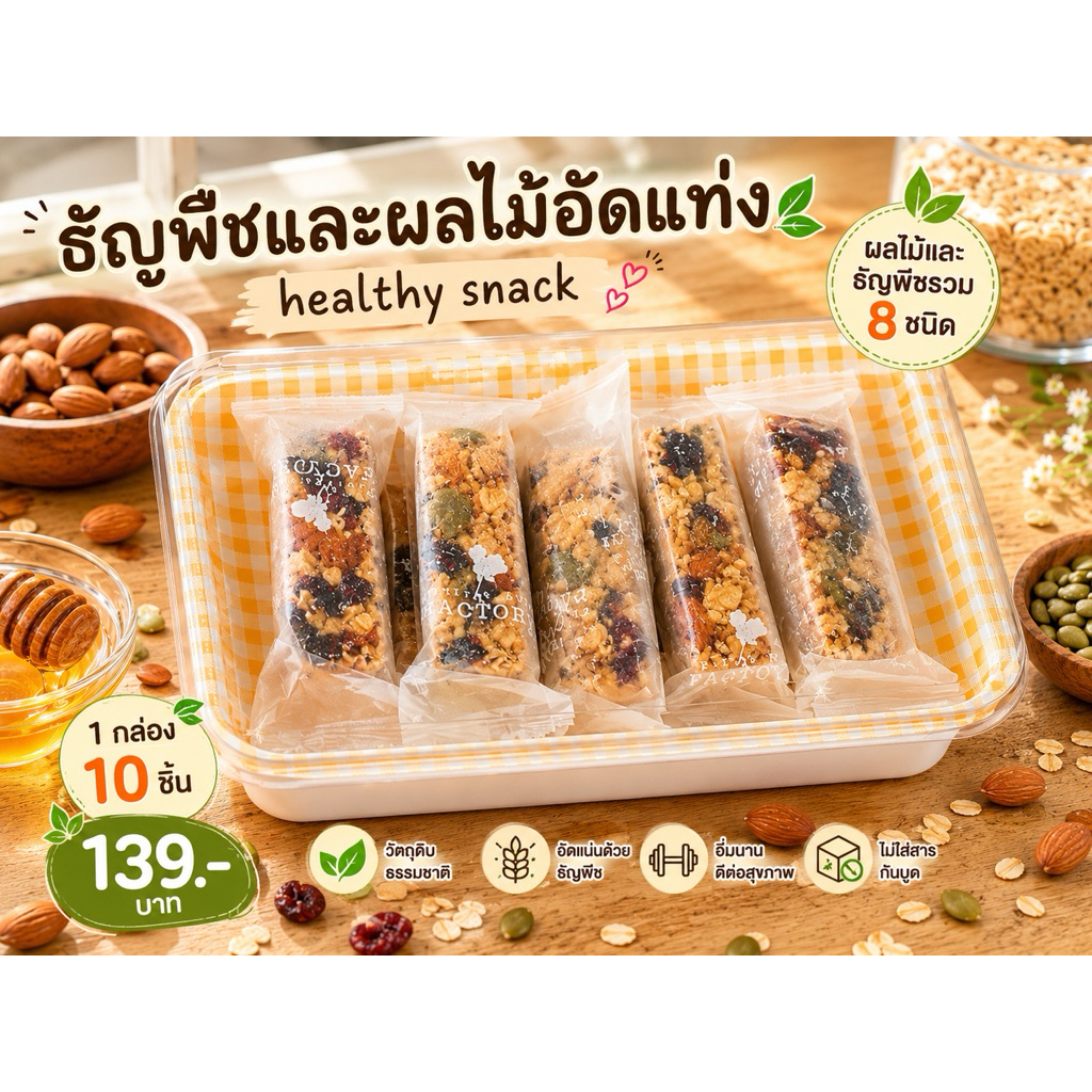 ขนมคลีน ธัญพืชรวม 8 ชนิด อิ่มท้อง แคลน้อย เคี้ยวเพลิน 1 กล่อง มี10ชิ้น