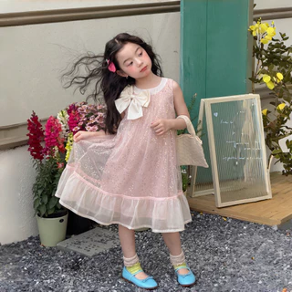 PRINCESS KESLI สไตล์เกาหลี ชุดเดรสเด็กผู้หญิง เดรสออกงาน แขนกุด ฟรุ้งฟริ้ง แต่งโบว์ 1-11 ปี