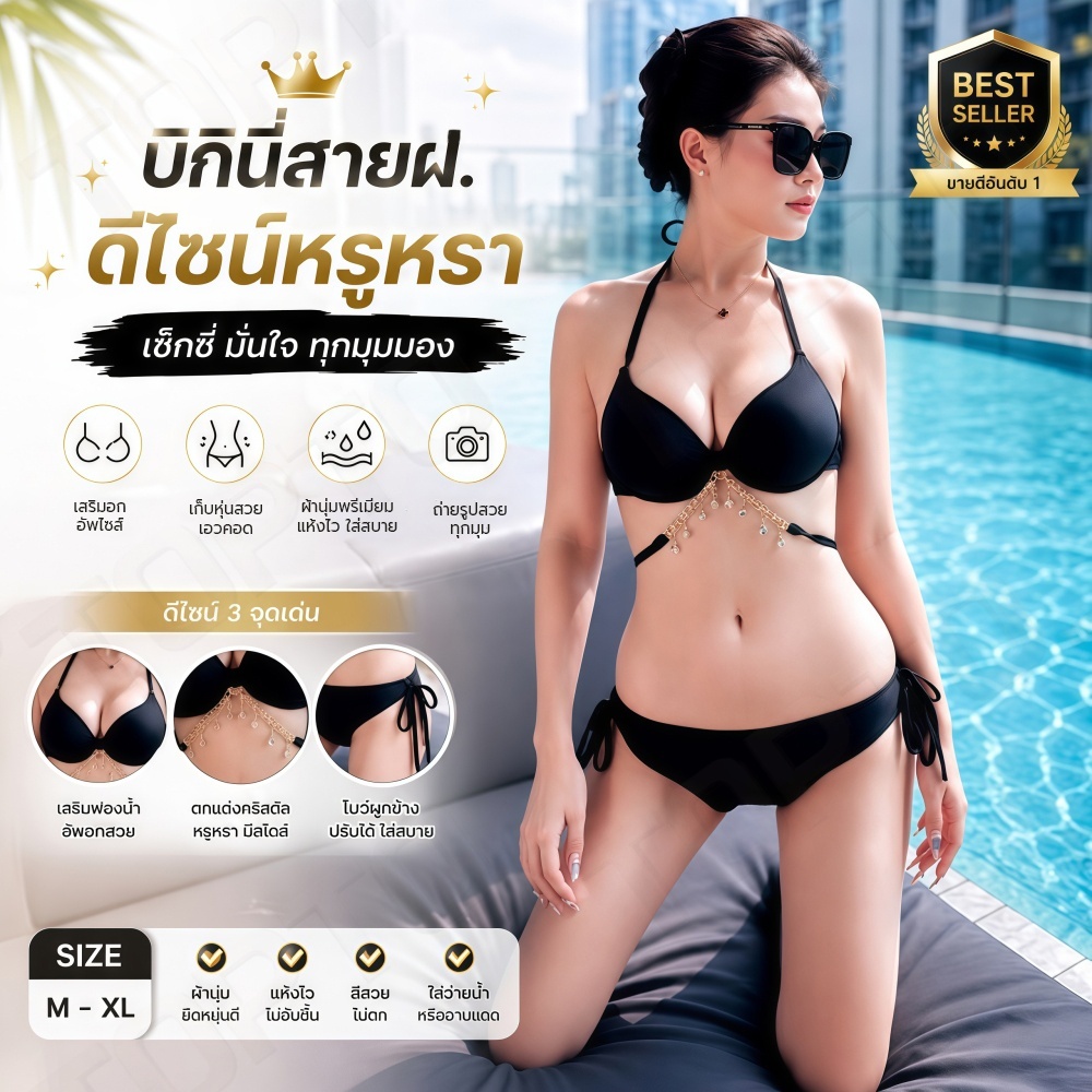 A04-บิกินี่สายฝอ สีดำคริสตัลแซ่บมาก!! ชุดว่ายน้ำ 3 ชิ้น (บรา+กางเกง+ผ้าคลุมซีทรู) ทะเลเดือด สินค้าพร้อมส่งที่ไทย