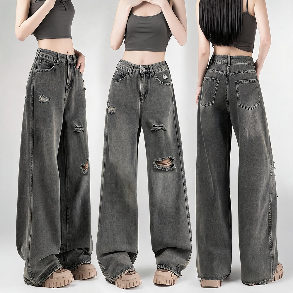 S~5XL Ripped jeans Baggy Blue jeans for women กางเกงยีนส์สีฟ้าที่มีรูพรุน กางเกงยีนส์สบายๆ ใส่ได้หลายโอกาส HOT