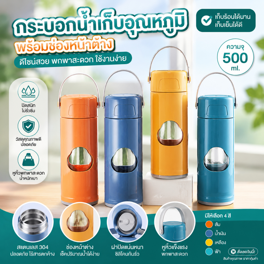 กระบอกน้ำสแตนเลสสูญญากาศ 500ml เก็บร้อนเก็บเย็น ขวดน้ำพกพา กันรั่ว BPA Free