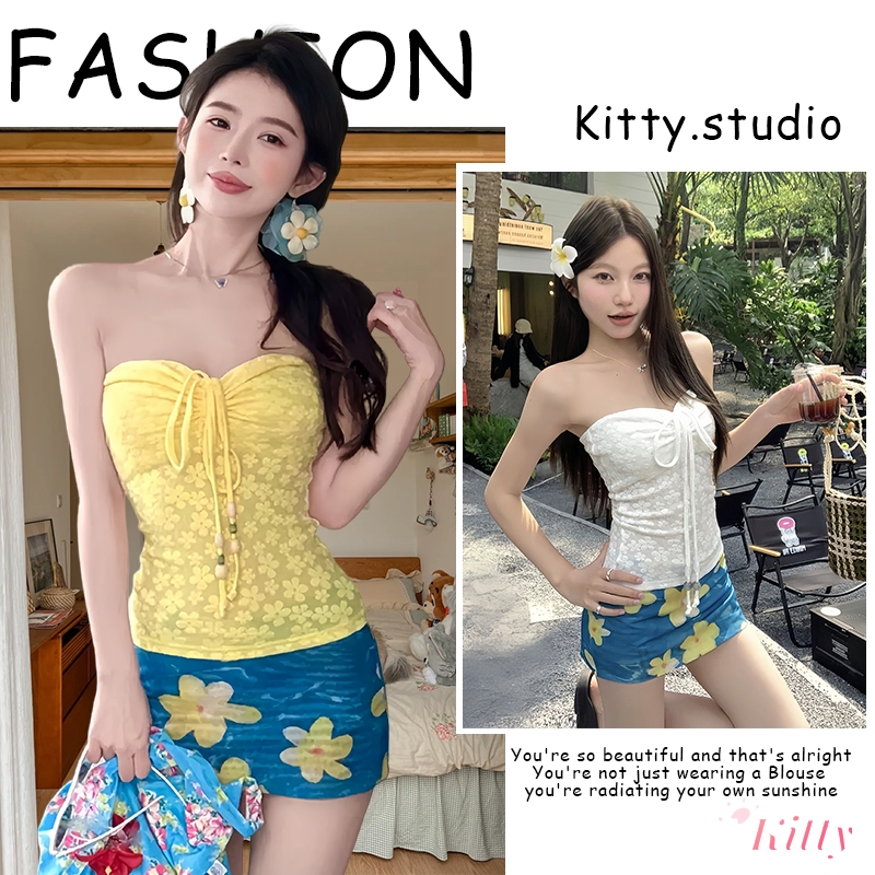 KITTY พร้อมส่ง🌊ใส่ไปทะเล  ใส่ได้2แบบ ทั้งชุด2ชิ้น ลายดอกไม้เล็กๆ ลายดอกไม้ เสื้อเกาะอก กป เสื้อเซ็กซี่ผู้หญิง แฟชั่นเซ็ก