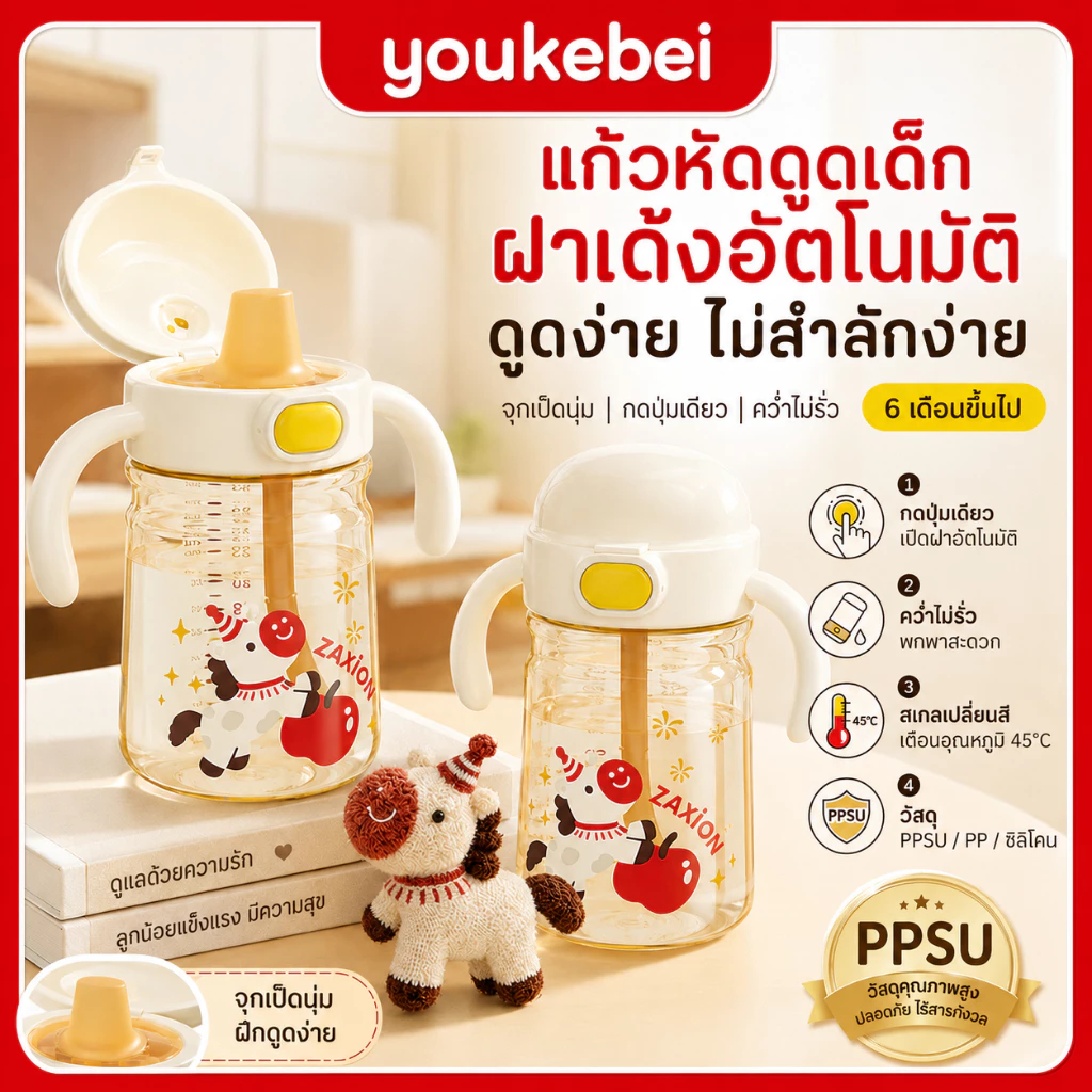 Youkebei แก้วหัดดื่มเด็ก PPSU+ซิลิโคน สองด้าม จุกดื่มพลิกฝาได้ 6 เดือนขึ้นไป