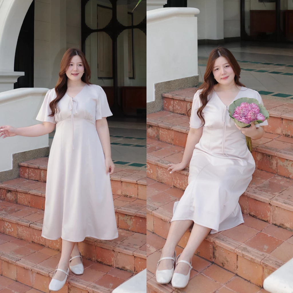 (❤️ อกถึง 50") Glowing Satin Dress เดรสสาวอวบ ชุดสาวอวบ เดรสออกงาน