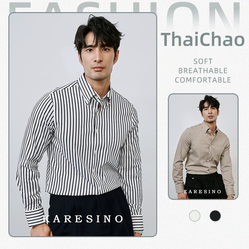 เสื้อเชิ้ตแขนยาวลายทางนอนผู้ชาย สไตล์ทางการ ทรงกระชับ ไม่ยับง่าย