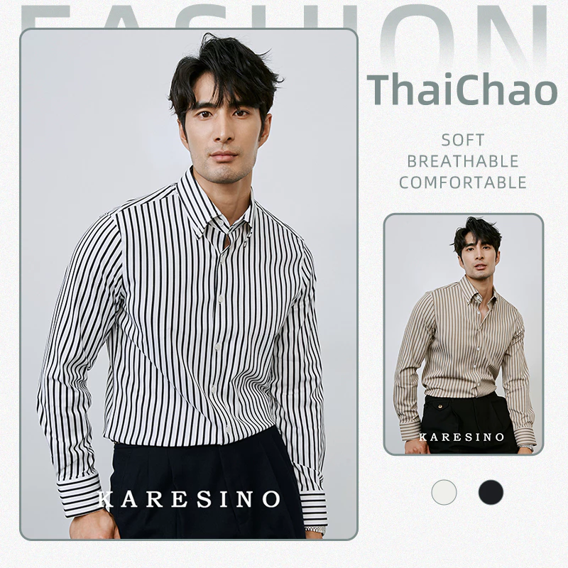 เสื้อเชิ้ตแขนยาวลายทางนอนผู้ชาย สไตล์ทางการ ทรงกระชับ ไม่ยับง่าย