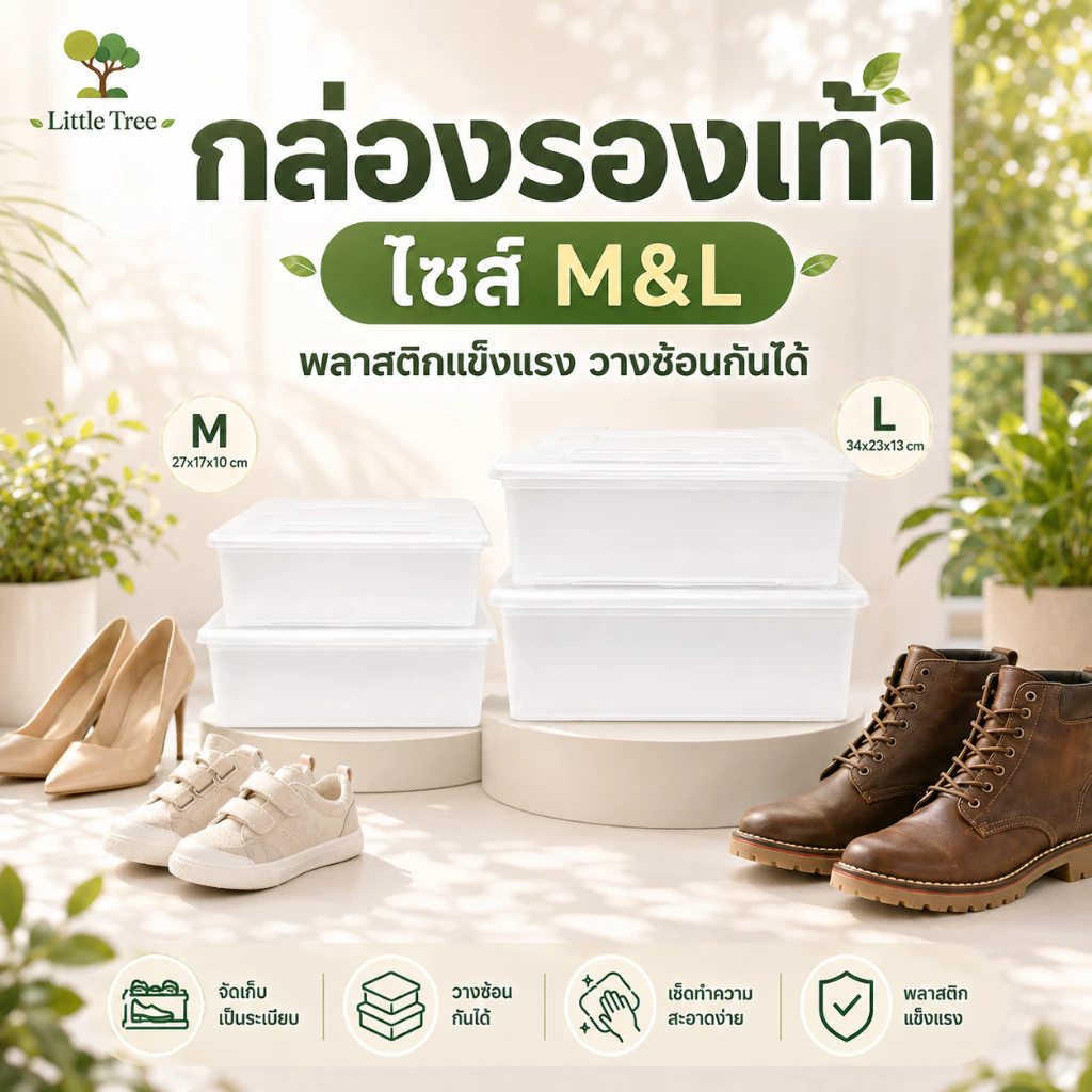 LittleTree กล่องใส่รองเท้าพลาสติก มีฝาปิด ขนาด M/L วางซ้อนได้ แข็งแรง ไม่มีรูระบายอากาศ สำหรับจัดระเบียบบ้าน